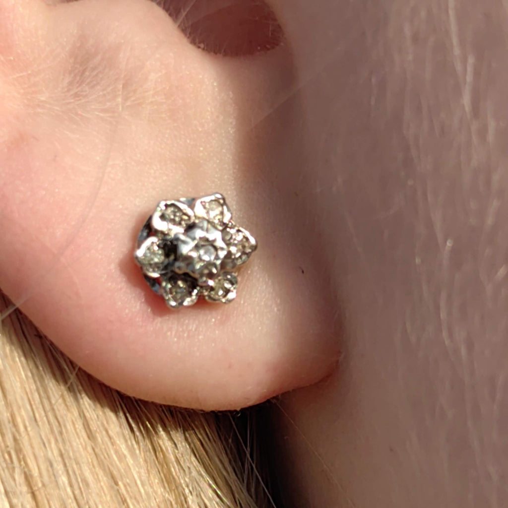Art Deco 14k Gold Diamond Floral Stud Earrings: 1940s Vintage Engagement