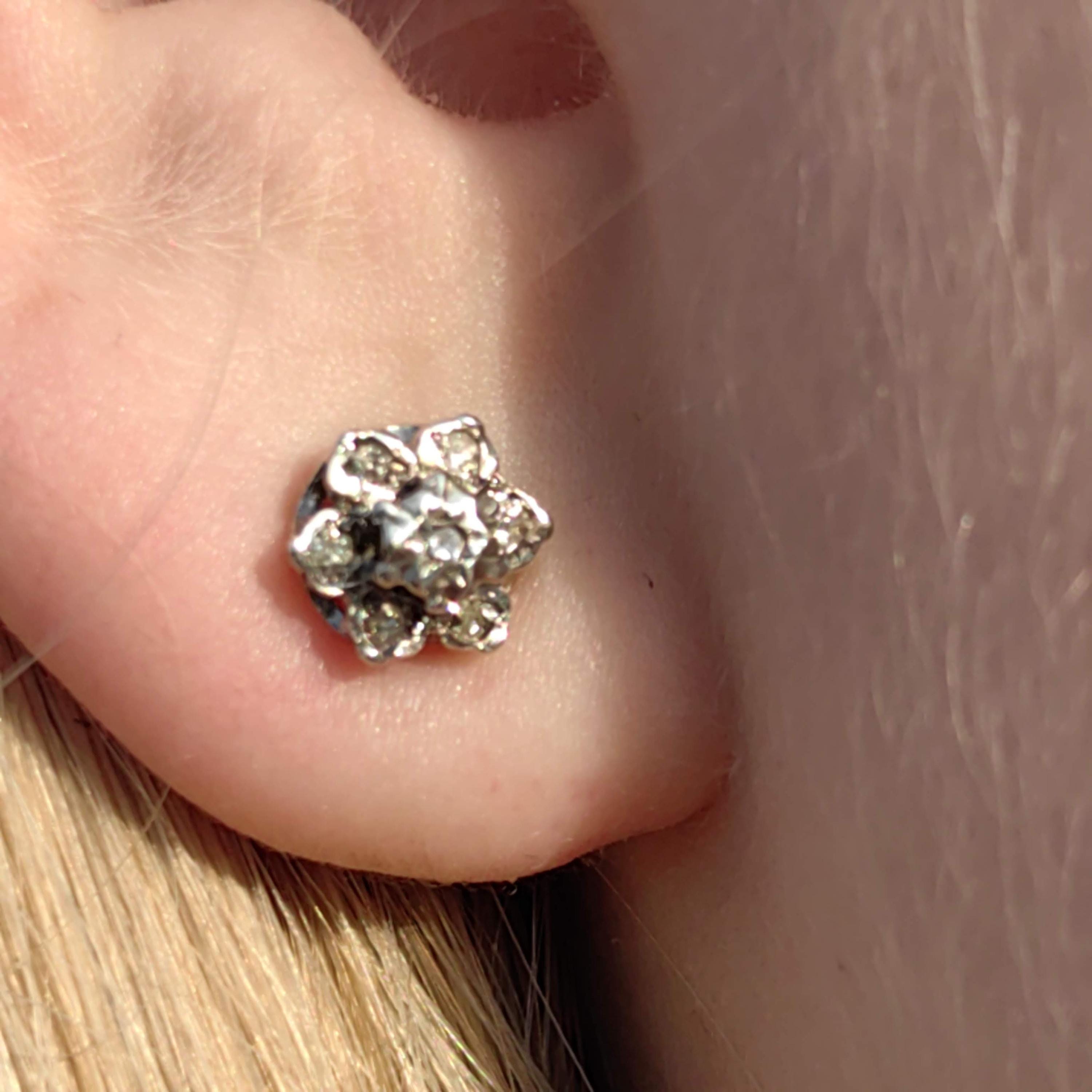 Art Deco 14k Gold Diamond Floral Stud Earrings: 1940s Vintage Engagement