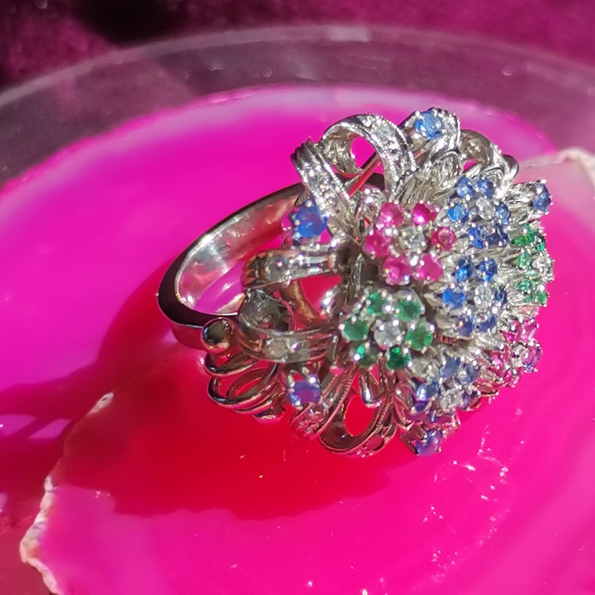 Emerald Diamond Ruby and Sapphire Solid Gold Tutti-Frutti Floral Design Colorful Ring