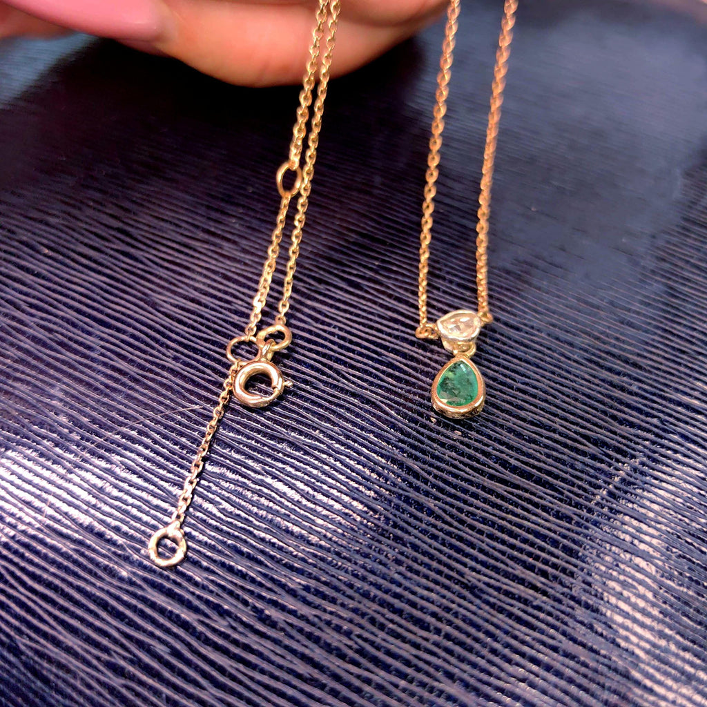 Genuine Emerald & Diamond Necklace Solid 18k Yellow Gold Drop Shaped Antique Vintage Pendant Charm Gift for Her Elegant Dainty Classic chain