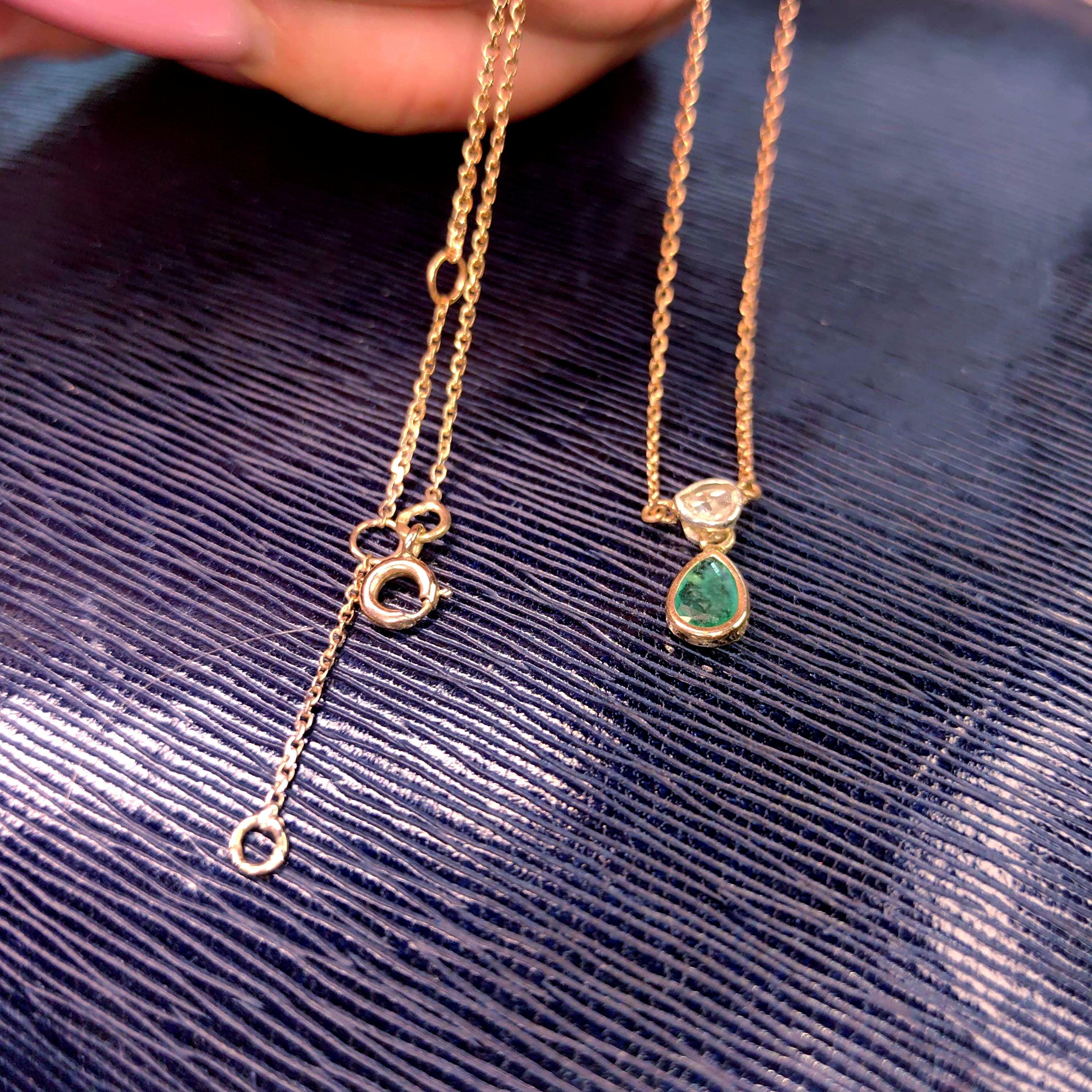 Genuine Emerald & Diamond Necklace Solid 18k Yellow Gold Drop Shaped Antique Vintage Pendant Charm Gift for Her Elegant Dainty Classic chain