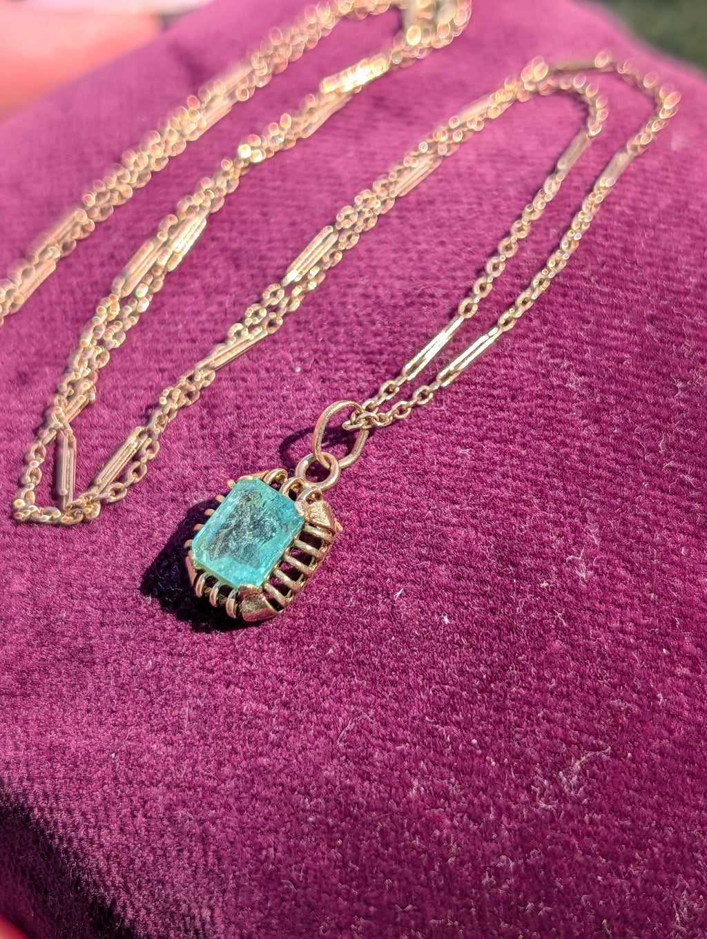 Antique 1920s Art Deco Emerald Pendant Necklace with chain 14k Gold Hallmarked Emerald Cut Gold Chain Jewelry Gift US Duty Free HTS 9706