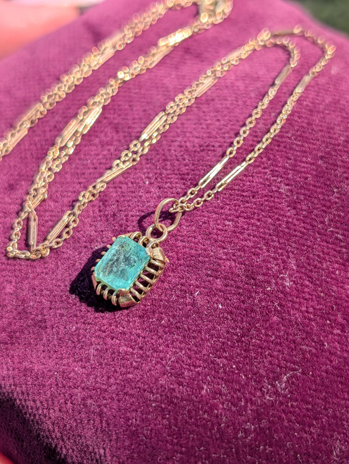 Antique 1920s Art Deco Emerald Pendant Necklace with chain 14k Gold Hallmarked Emerald Cut Gold Chain Jewelry Gift US Duty Free HTS 9706