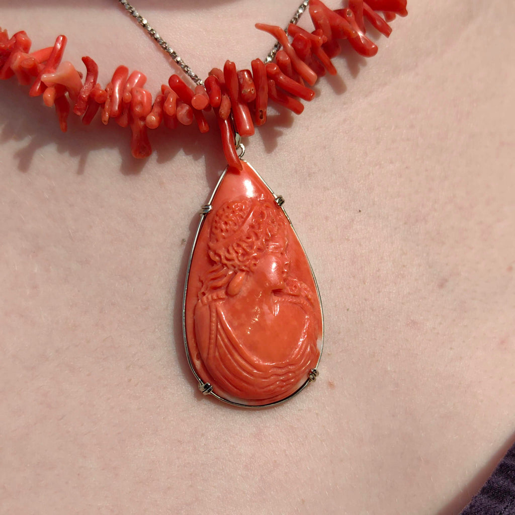 Art Deco Red Coral Cameo Pendant: 14k White Gold Carved Portrait