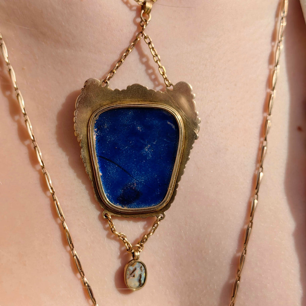 Art Nouveau Antique Vintage Gold Enamel Portrait Opal and Turquoise Pendant