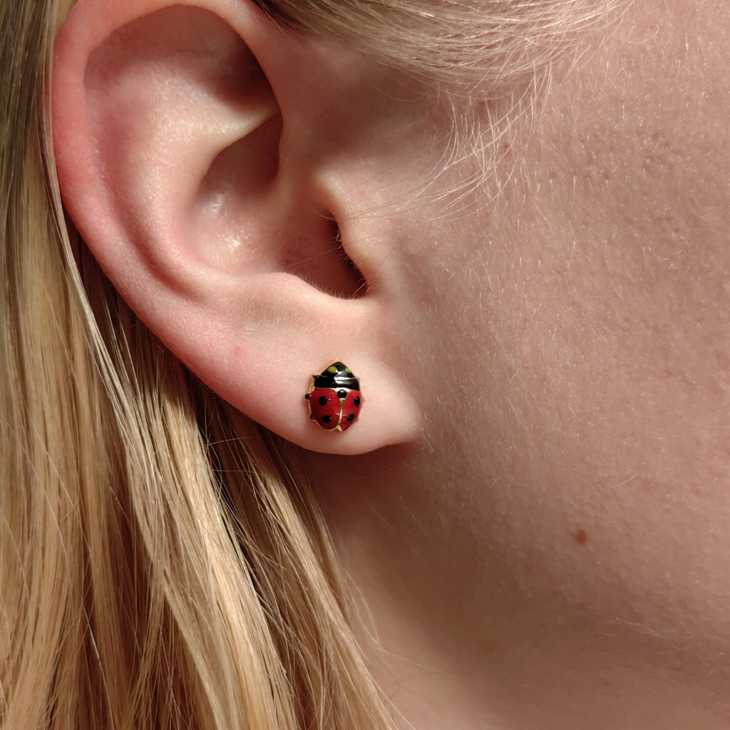 14k Gold Ladybug Stud Earrings: Red & Black Enamel, Retro Dainty Gift