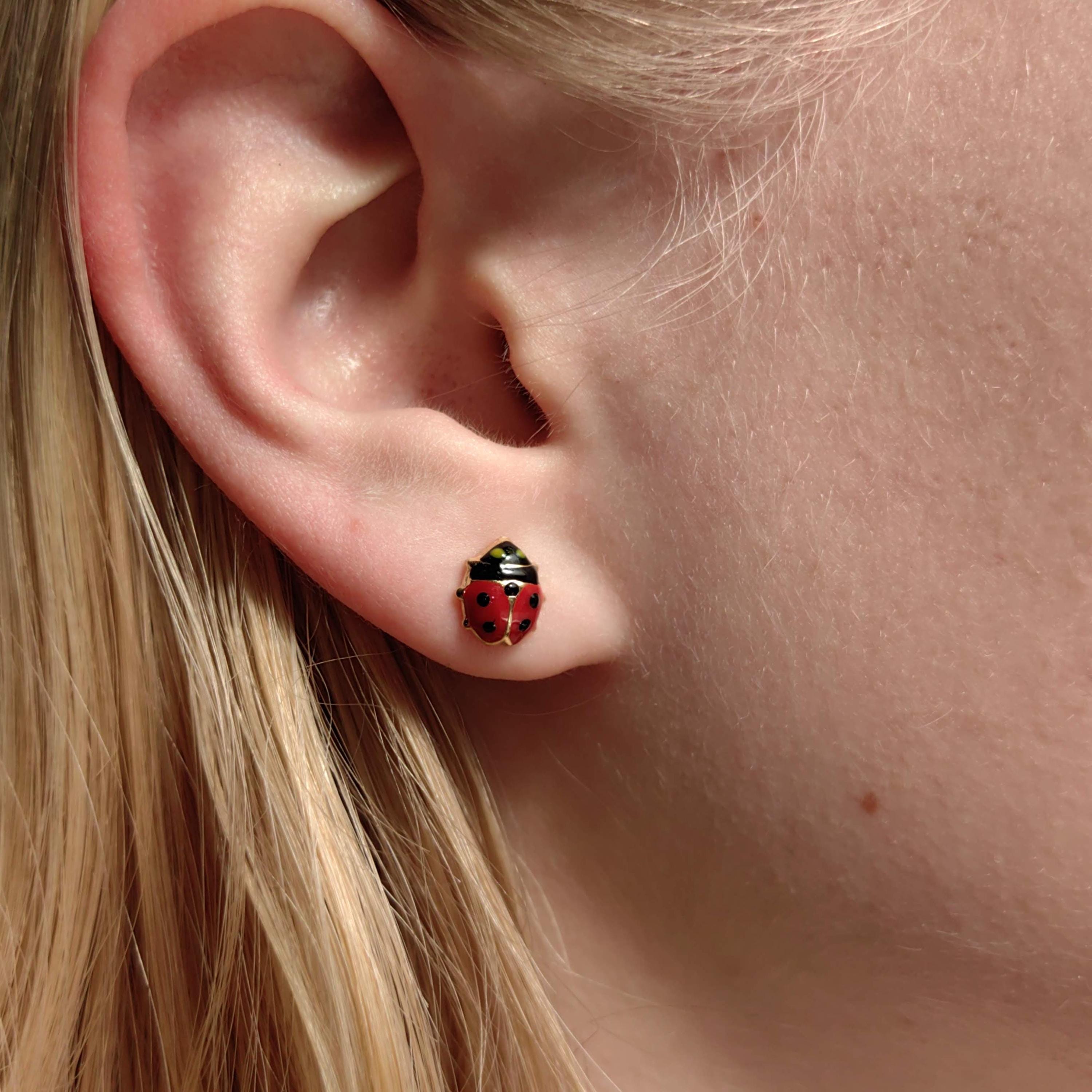 14k Gold Ladybug Stud Earrings: Red & Black Enamel, Retro Dainty Gift