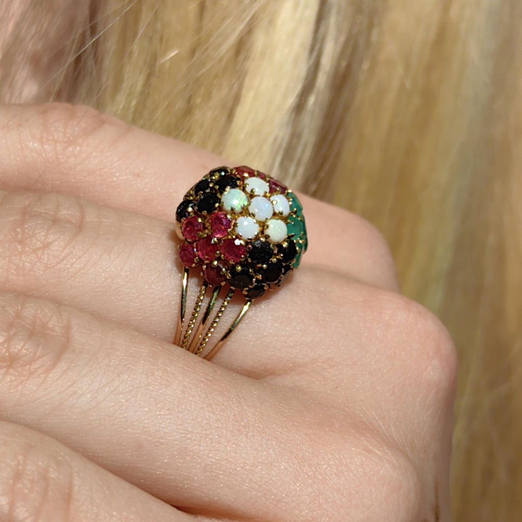 14k Gold Multi-Stone Bombe Ring: Emerald, Ruby, Opal, Sapphire Floral Design