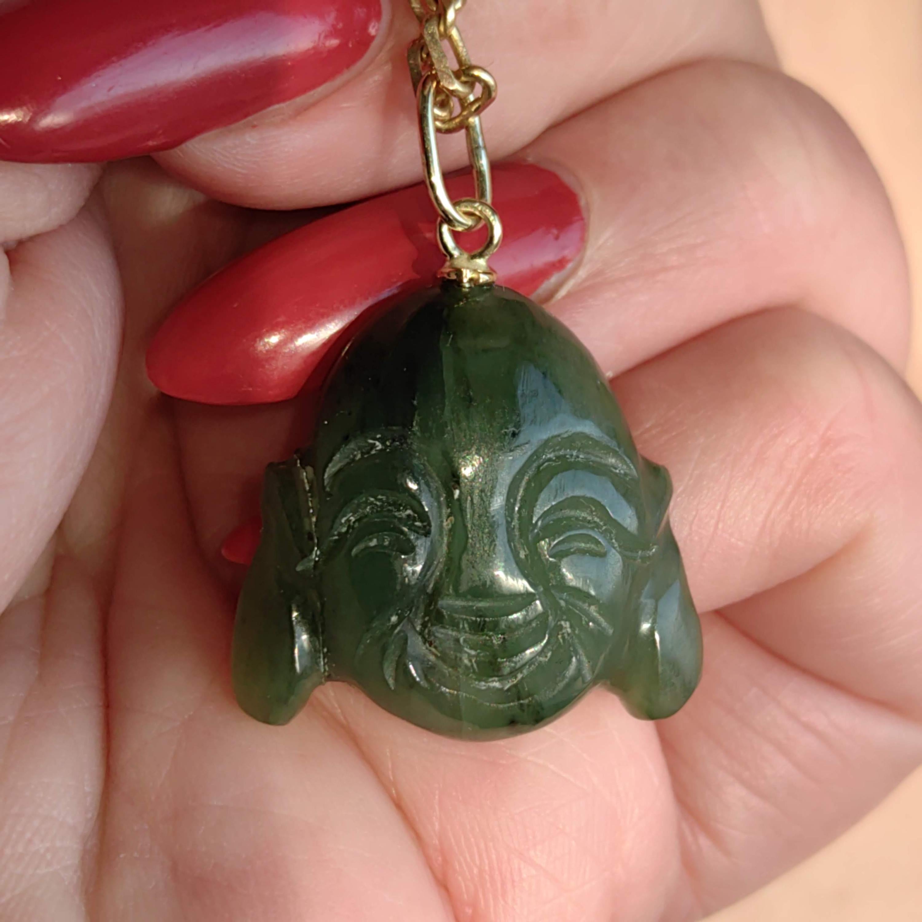 Hand Carved Natural Green Jade Buddha Buddhist Necklace Pendant 14k Solid Yellow  Gold Oriental Religious Spiritual Buddhist Charm Gift