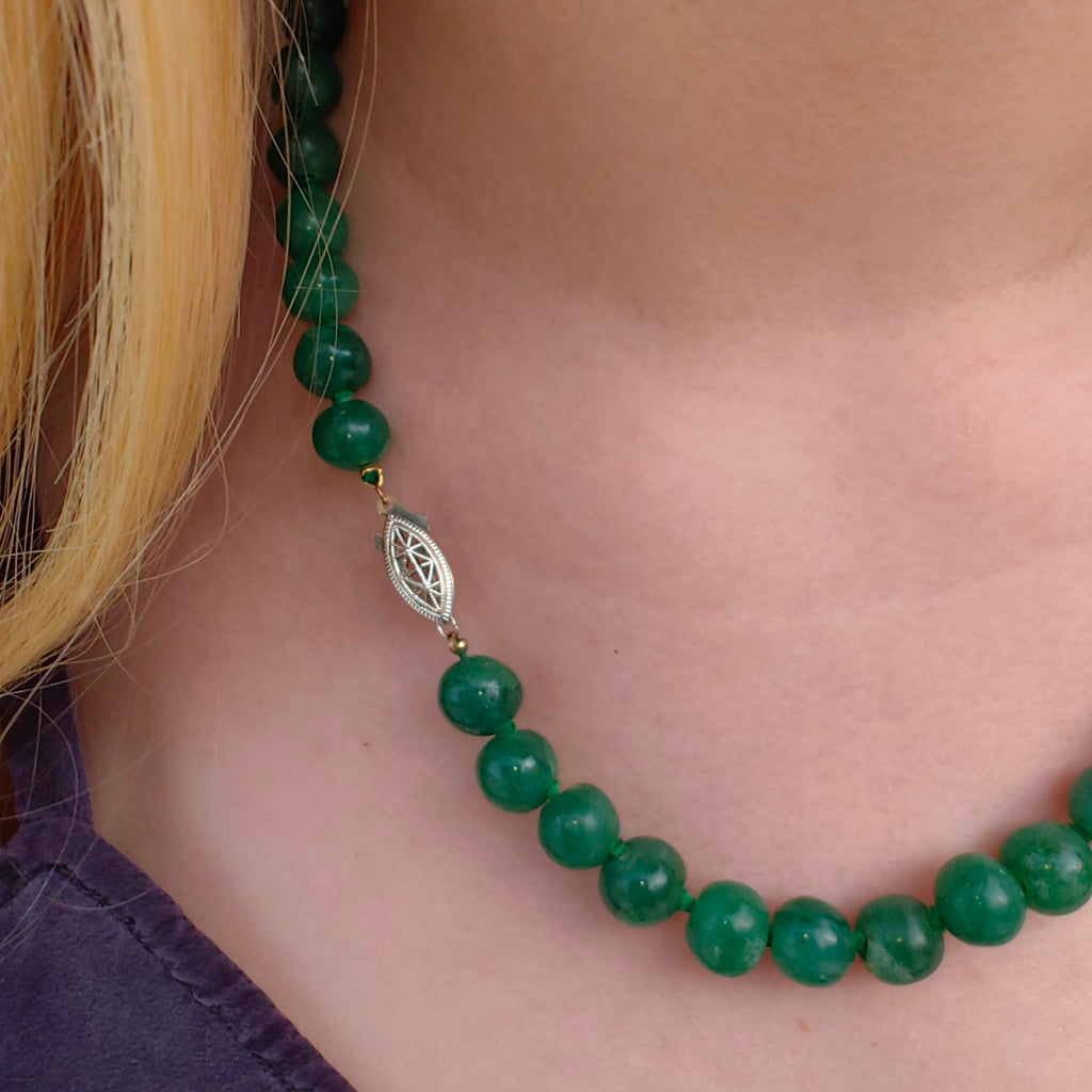 1930s Art Deco Natural Green Aventurine Beaded Statement Elegant Necklace Sterling Silver Clasp Gift for Her Present