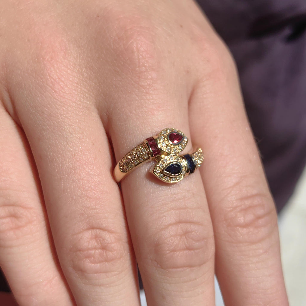 Vintage 18k Gold Snake Ring: Ruby, Sapphire & Diamond Accent