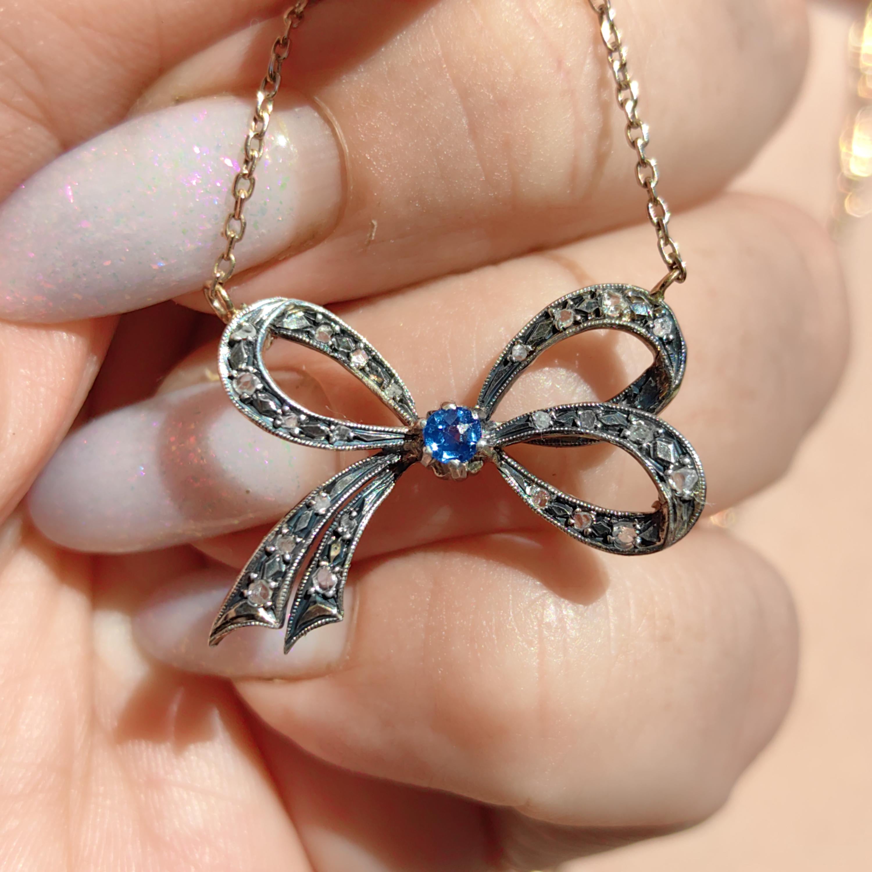 Victorian Sapphire Diamond Bow Pendant: 14k Yellow Gold Antique Necklace