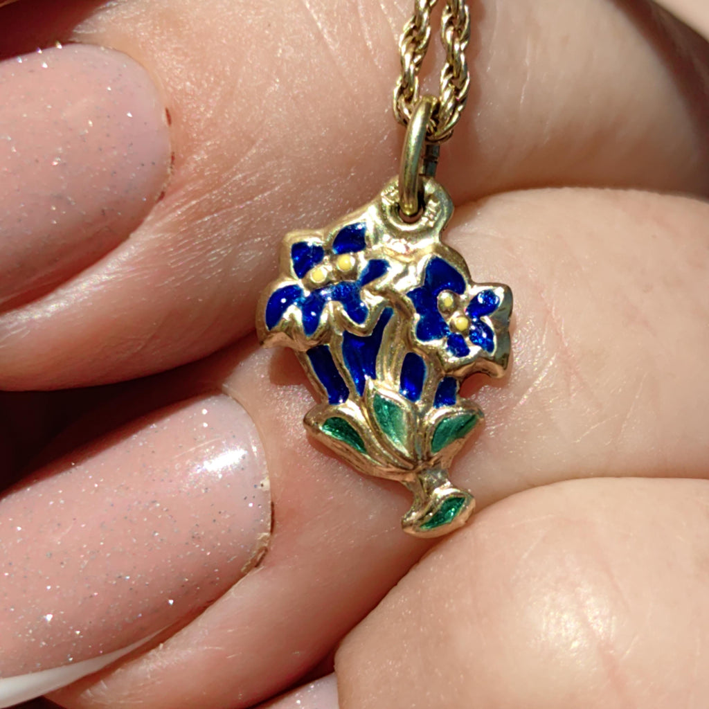 14k Gold Art Deco Floral Pendant: Hand Painted Enamel Flower Charm