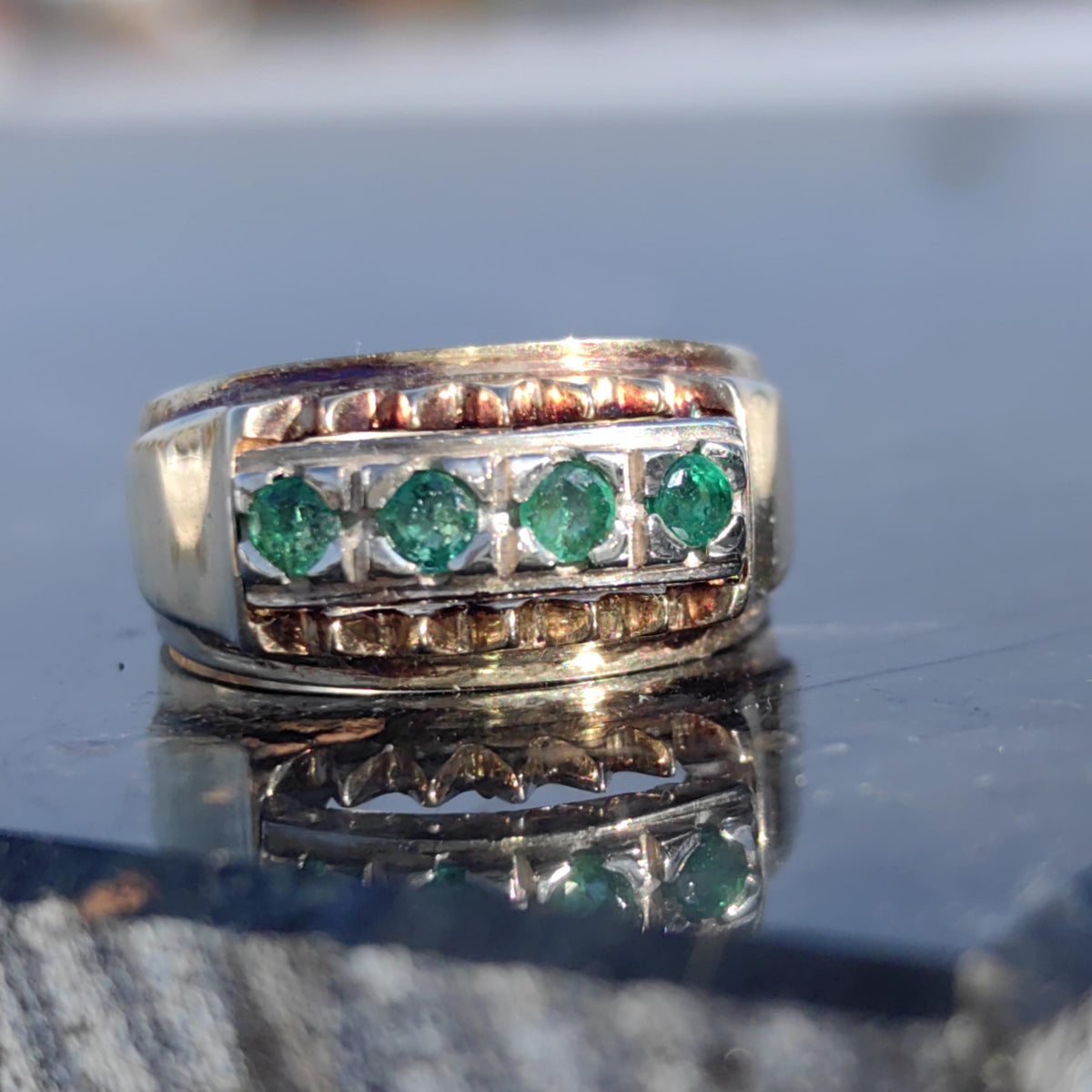 Original Mid century Antique Vintage Genuine Emerald Solid Yellow Gold and Silver Setting Elegant Stackable Band Ring
