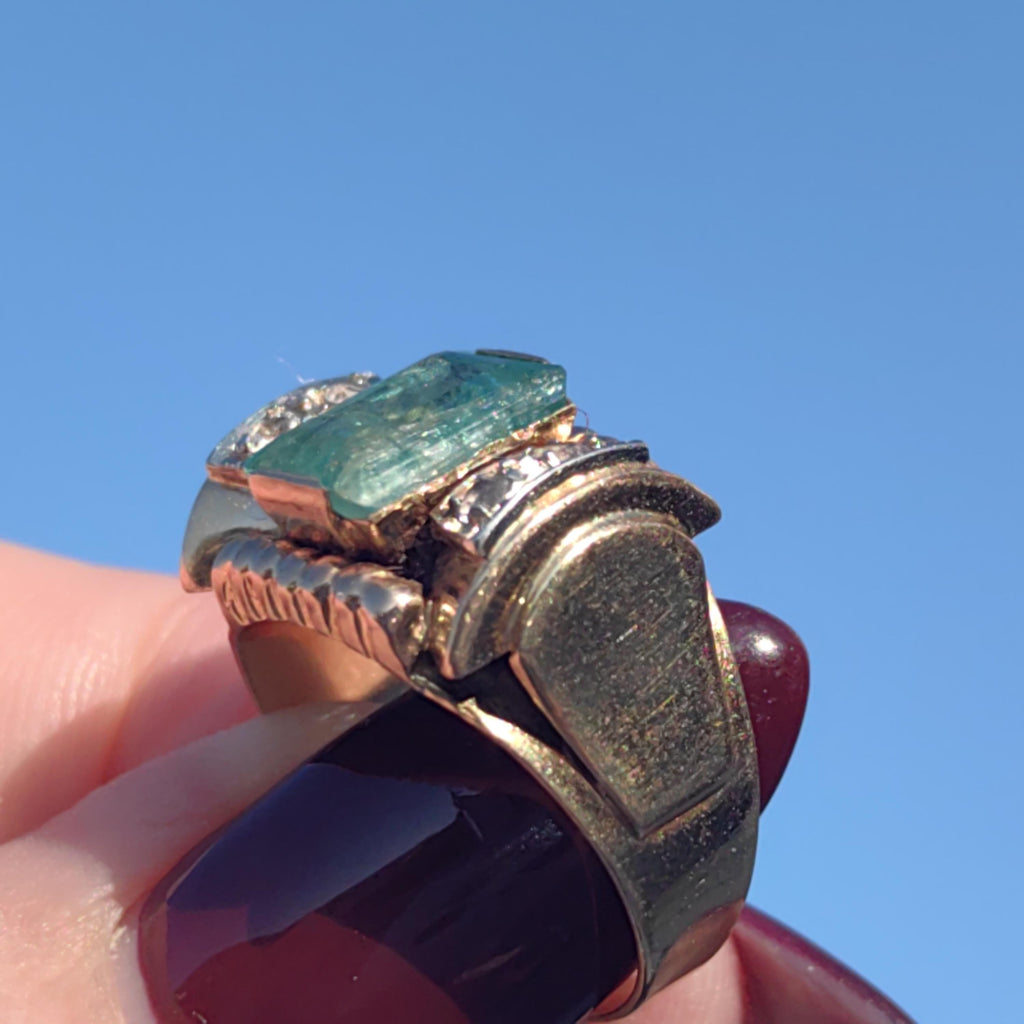 Art Deco 1930s Ring Antique  Genuine 2ct Emerald Diamond solid 18k Gold Vintage Statement Band Chevalier Unisex Estate 6,1gr 6.3/4 resize fr