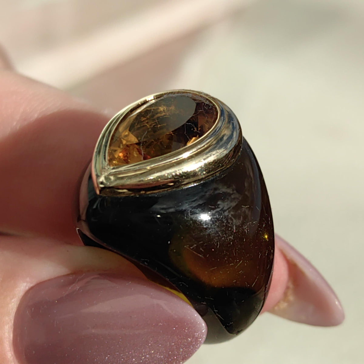 Golden Pear Citrine Ring 18k Yellow Gold Resin Band Statement Cocktail Ring