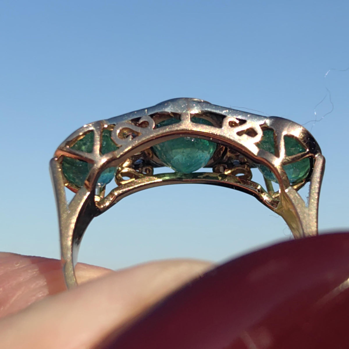 Original Art Deco 1930s Genuine not treated Emerald Three Stone Diamond White solid 14k Gold Chevalier Unisex Antique Vintage Ring