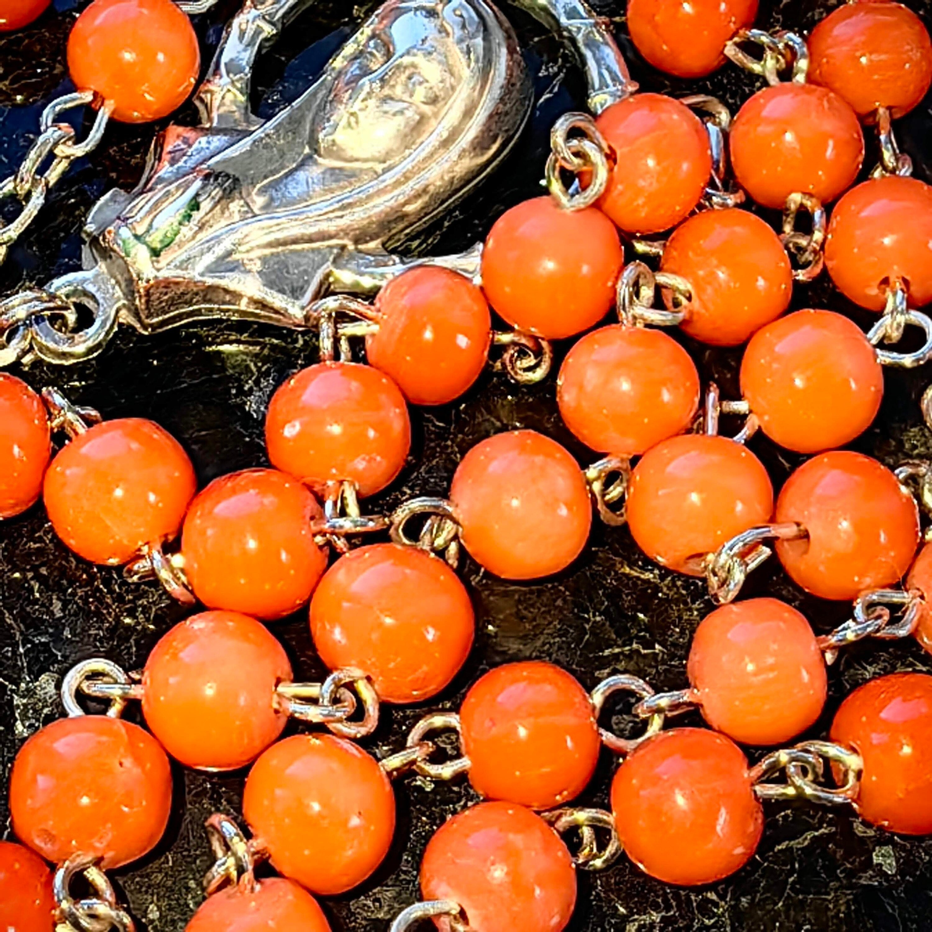 1930s Antique Coral Rosary Necklace: Silver Madonna, Jesus on Cross
