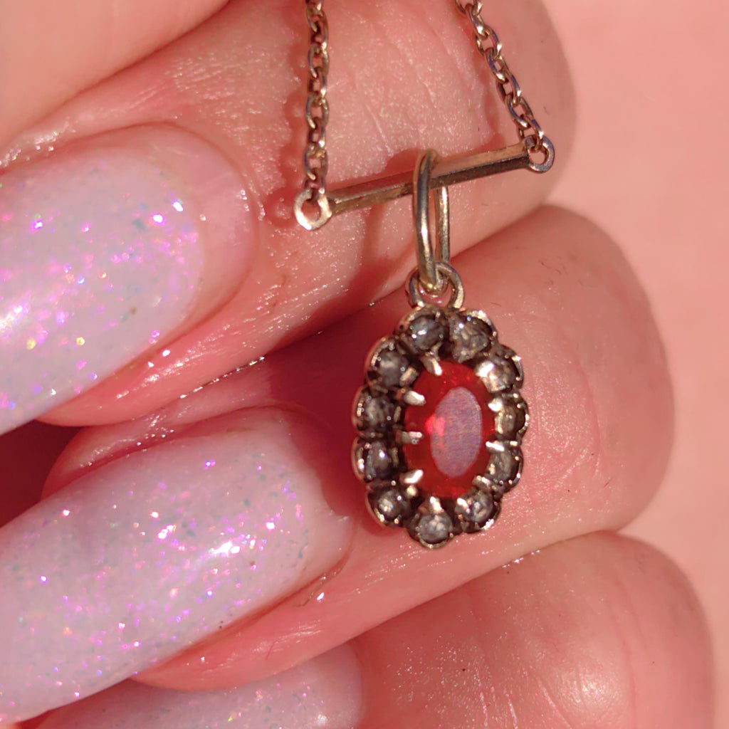 Victorian Fire Opal Pendant: 14k Yellow & Rose Gold Diamond Charm