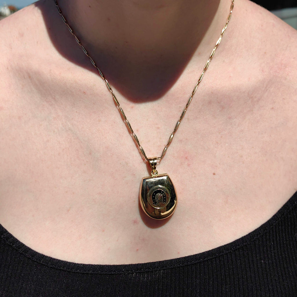 Antique 14k Gold Locket Pendant: Art Nouveau Enamel Horseshoe Design