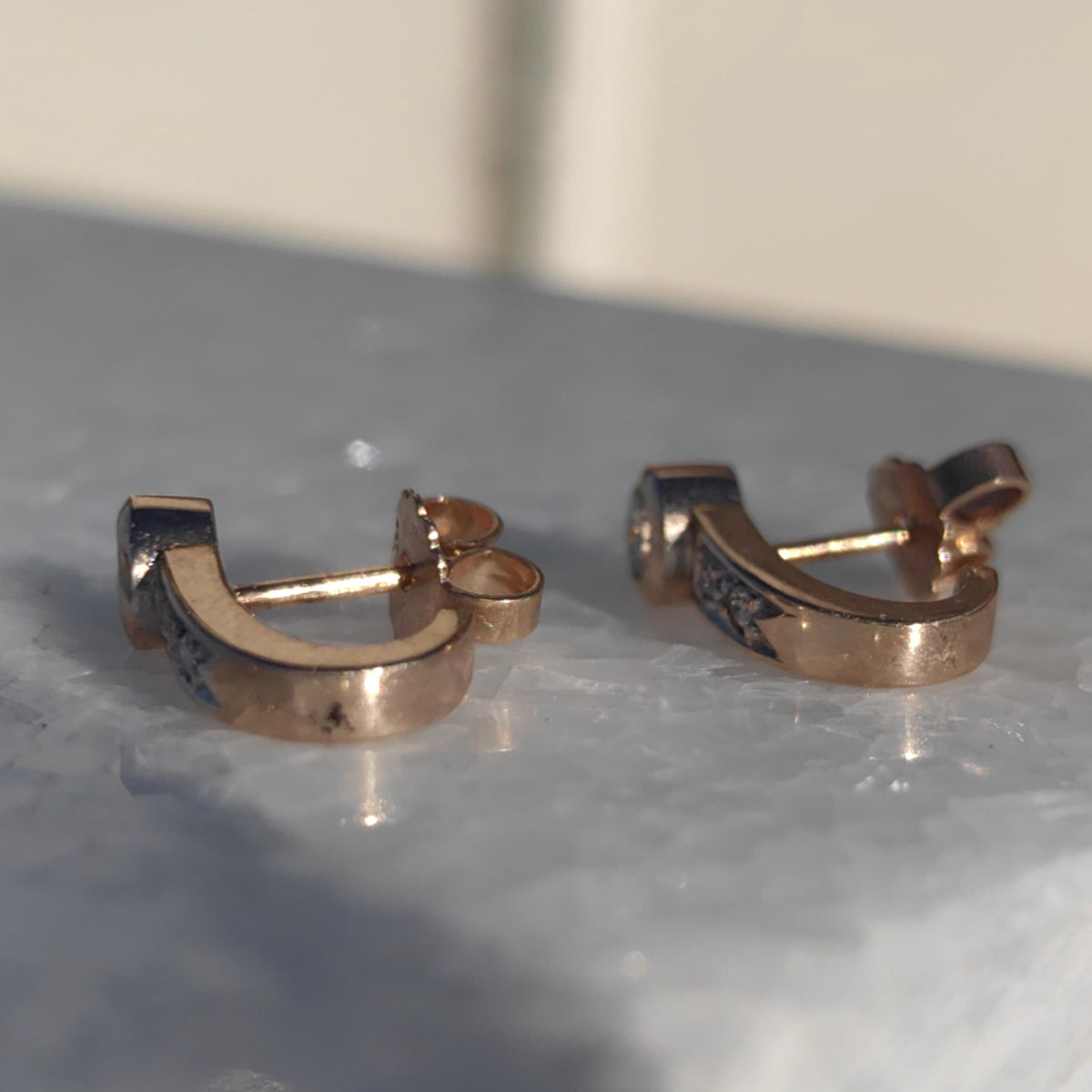 Natural Diamond Stud Earrings 14k Solid  Yellow Gold Geometric Vintage Push Back Closure Dainty Elegant Gift for Her Present