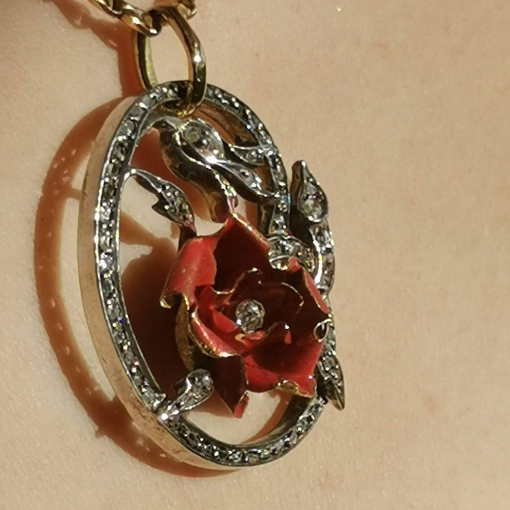 Antique Gold Poppy Flower Pendant Rose Cut Diamonds Red Hand Painted Enamel Art Nouveau Floral Vintage Charm