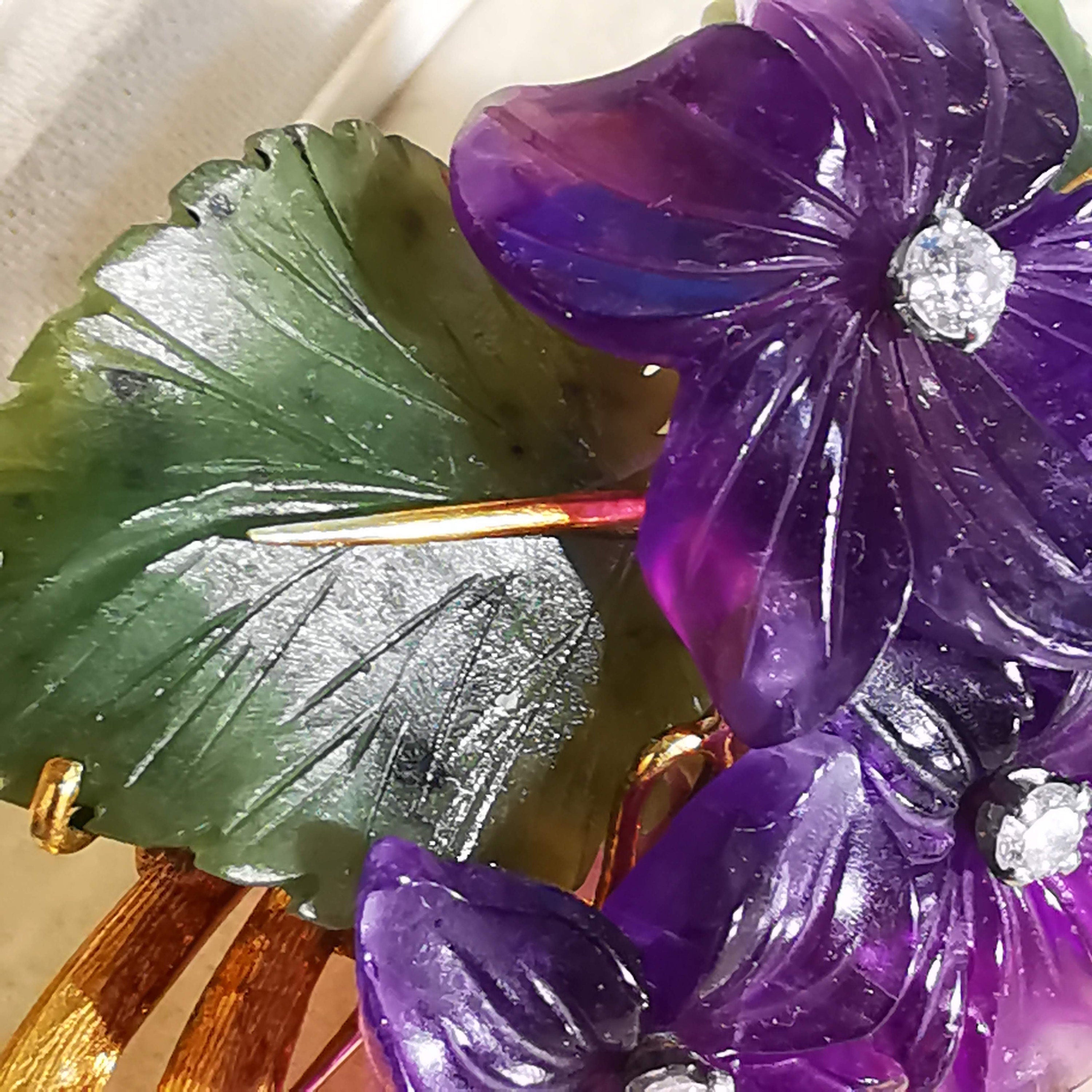 Art Nouveau 1900s Hand Carved Natural Purple Amethyst Jade Diamond 18k Solid Yellow Gold Brooch Antique Floral Violet Pin Gift for her