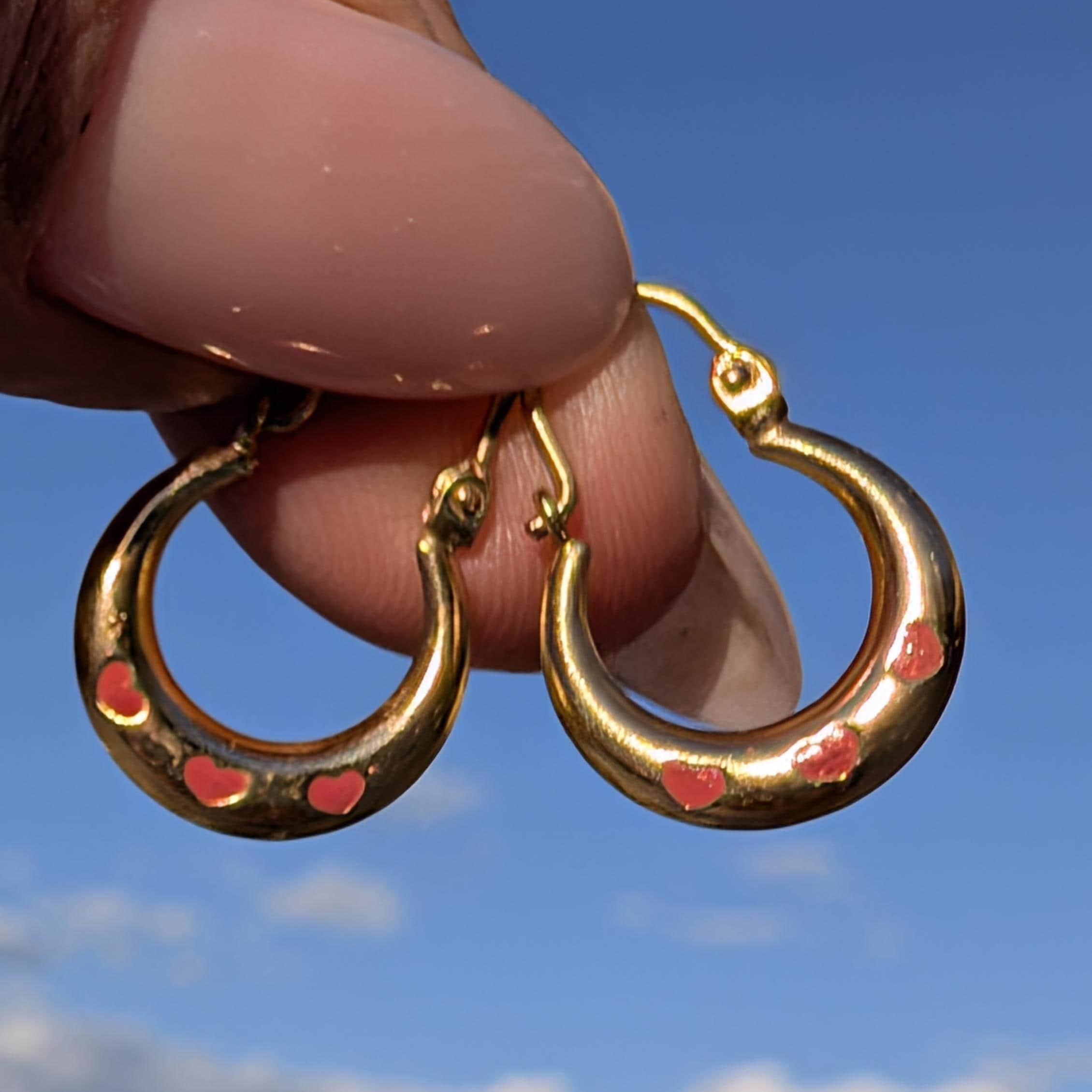 Vintage 1980s 14k Yellow Gold Puffed Hoop Earrings, Pink Enamel Heart Creole Gypsy Dangles, Gift for Her