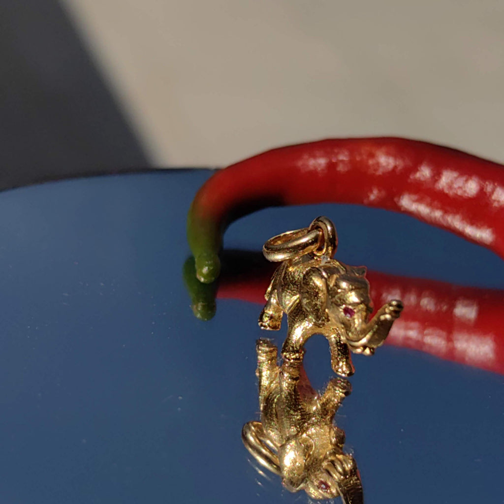 Vintage 18K Gold Elephant Charm: Genuine Ruby Pendant
