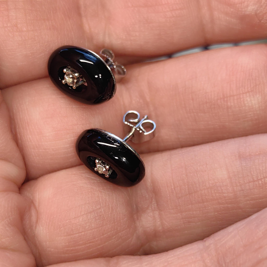 Mid Century Onyx Diamond Solid 8k White Gold Stud Earrings, Minimalist Elegant Black Oval Shaped Earrings, Gift for Her Present