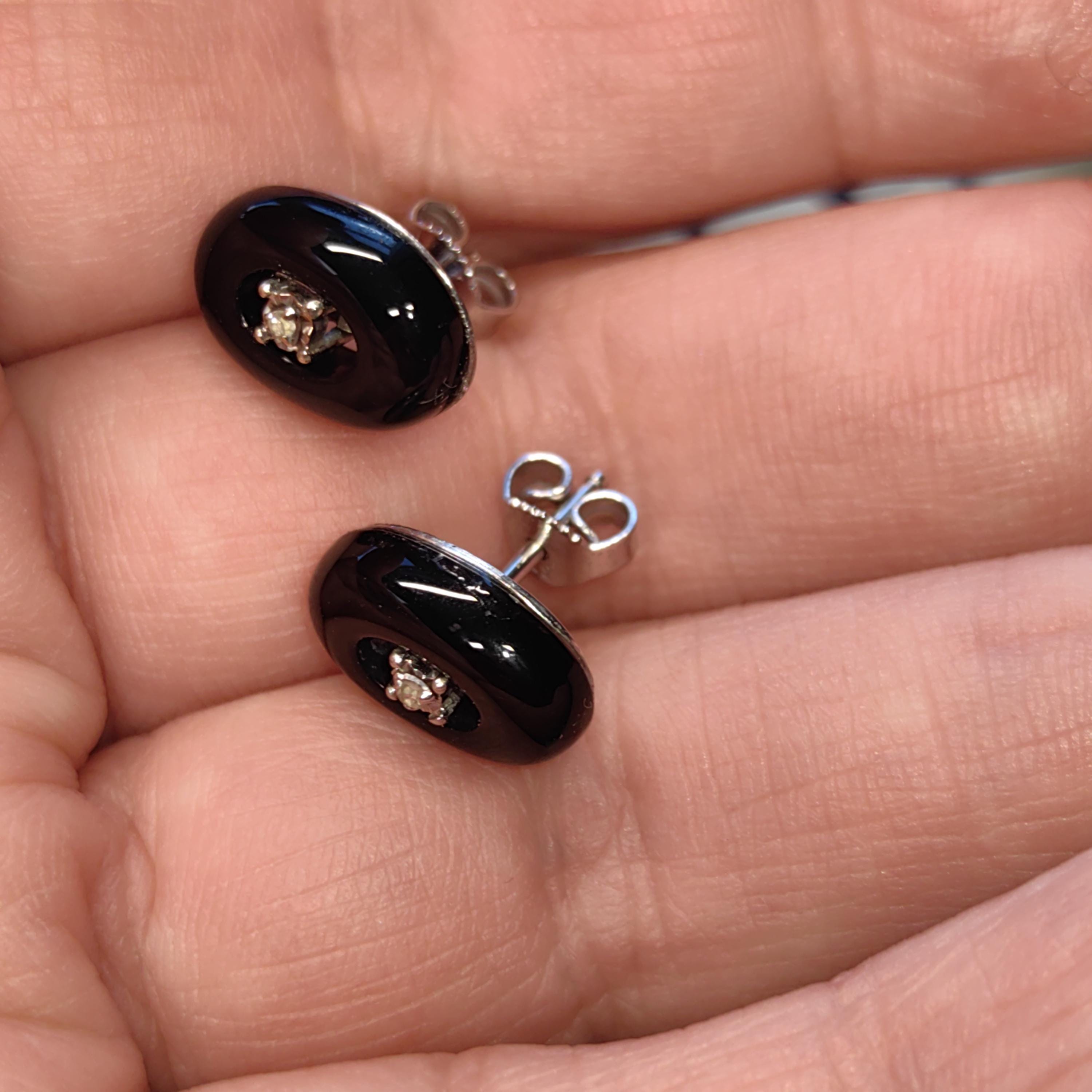 Mid Century Onyx Diamond Solid 8k White Gold Stud Earrings, Minimalist Elegant Black Oval Shaped Earrings, Gift for Her Present