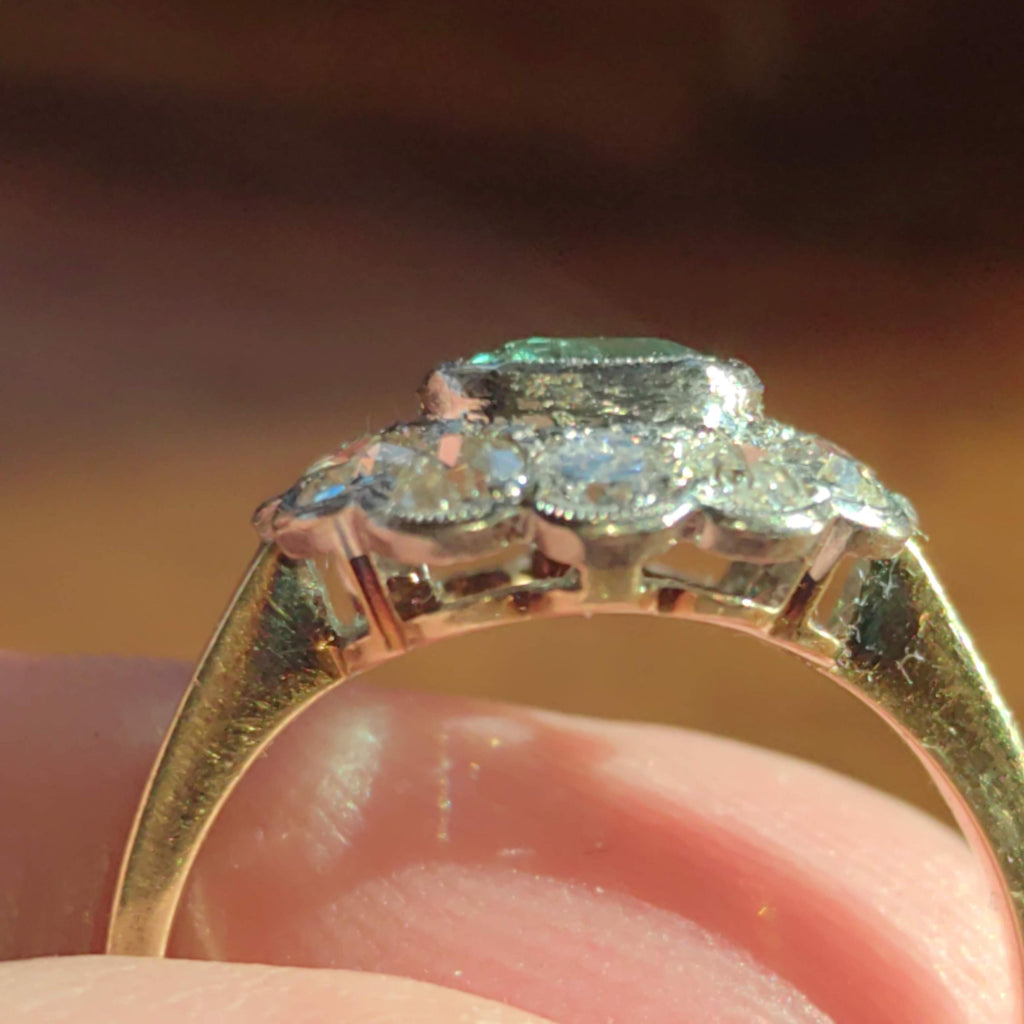 Antique 14k Solid Yellow Gold Natural Green Emerald Diamond 1900s Victorian Elegant Vintage Statement Ring Gift for Her