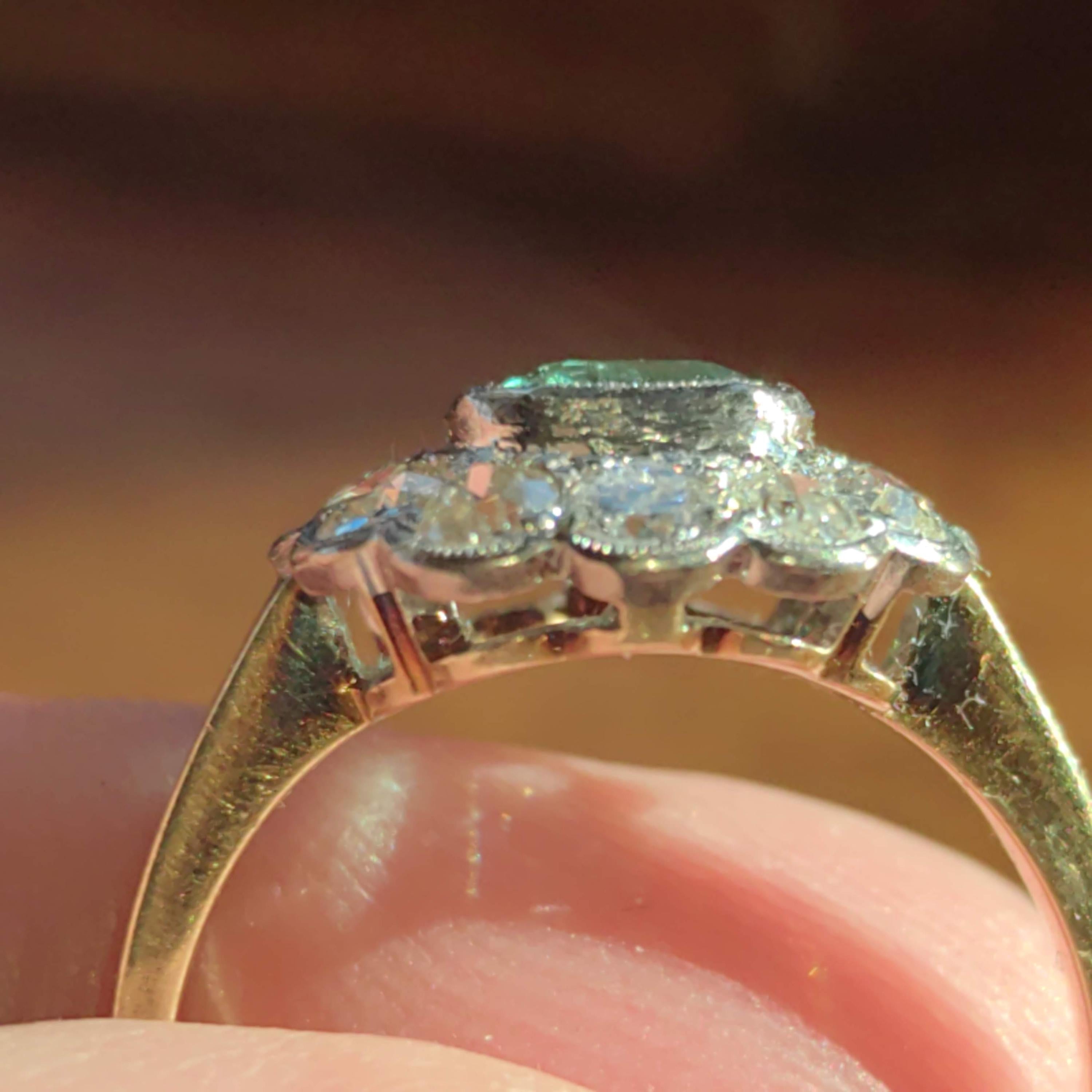 Antique 14k Solid Yellow Gold Natural Green Emerald Diamond 1900s Victorian Elegant Vintage Statement Ring Gift for Her