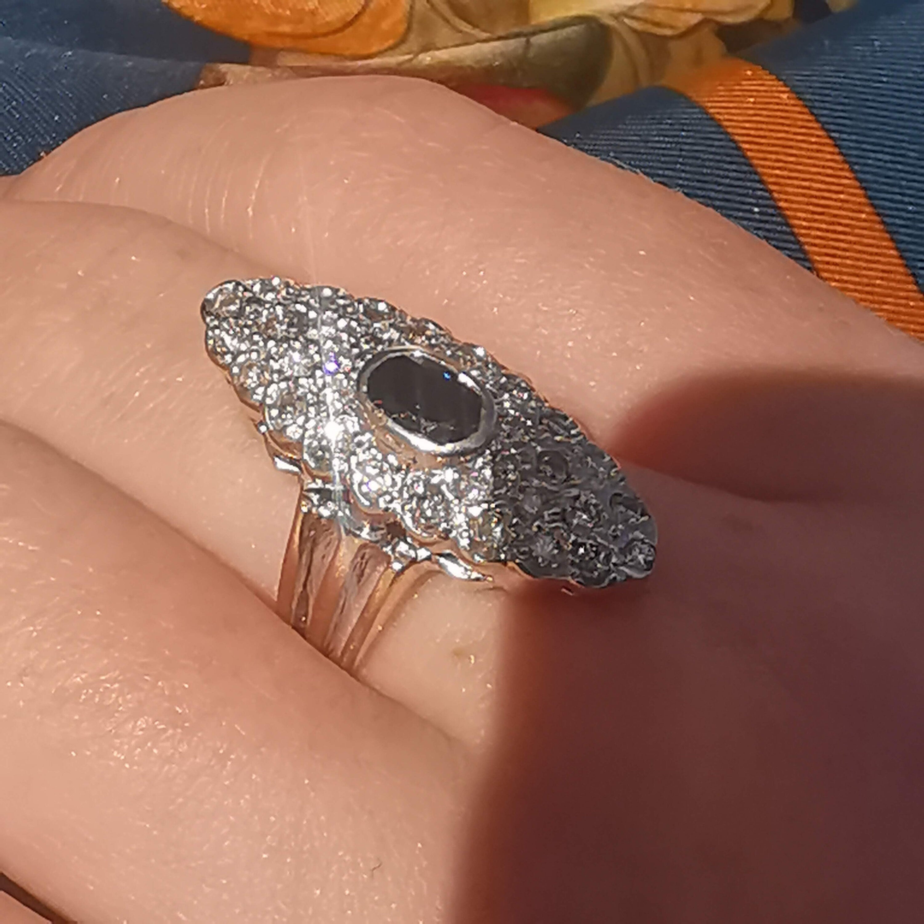 Sapphire and Diamond Marquise  14k Solid Gold Art Deco Antique Ring