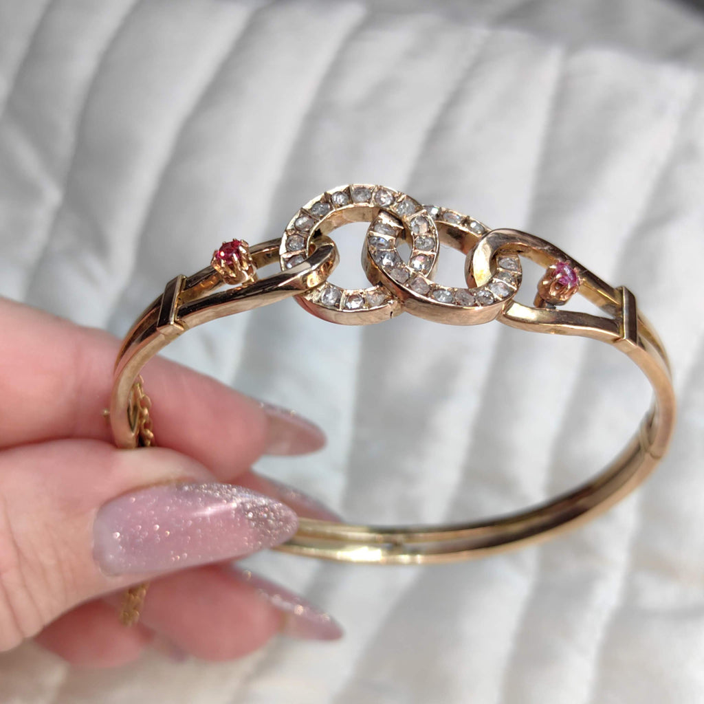 Edwardian Ruby Rose Cut Diamond 18K Gold Bangle Bracelet