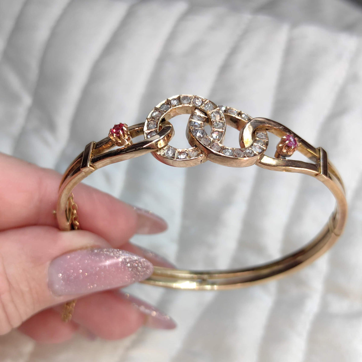 Edwardian Ruby Rose Cut Diamond 18K Gold Bangle Bracelet
