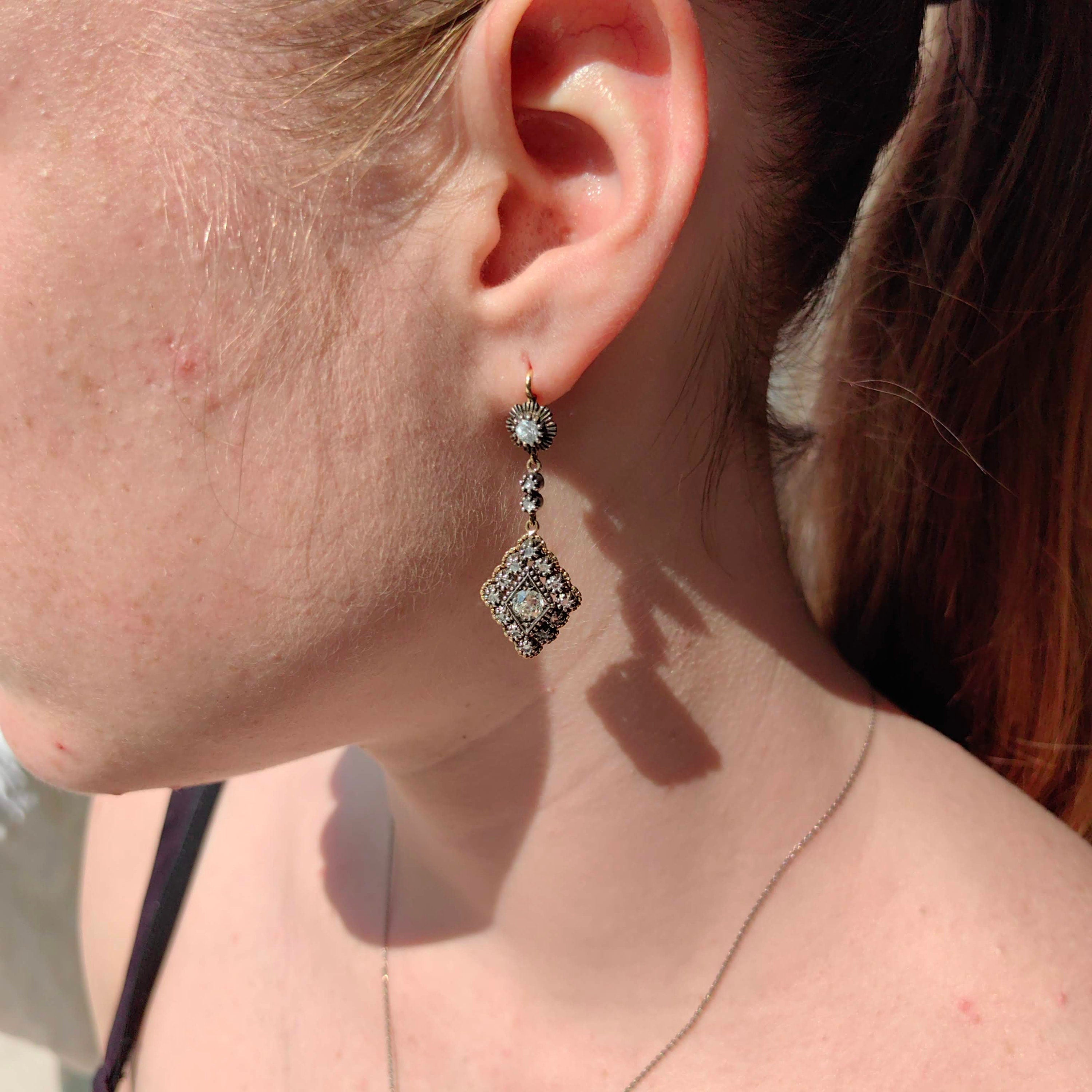 Antique 1.4ct Diamond Dangle Earrings: 1930s Art Deco 18k Gold & Silver