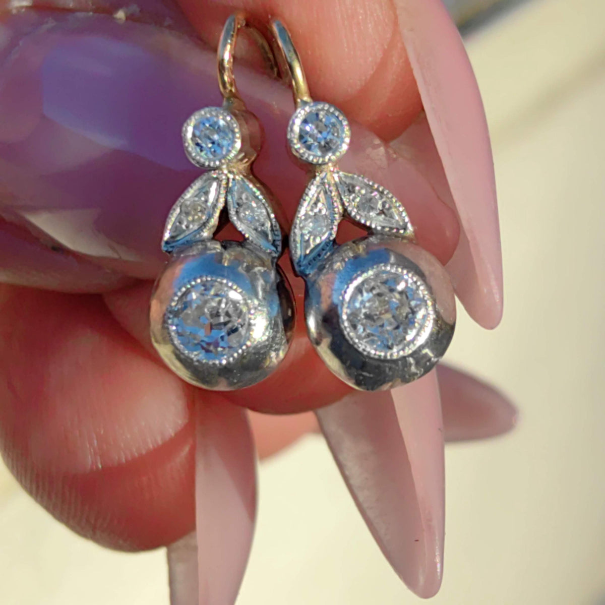 Art Nouveau 1900s Diamond "Buds" Dangle Earrings Antique 14k Yellow Rose Gold Floral Jewelry Gift Present