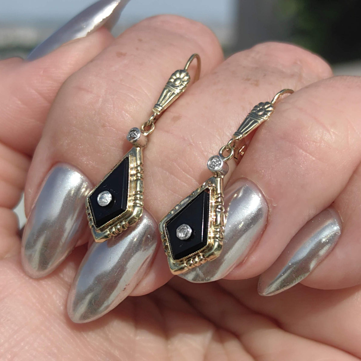 1920s Art Deco Onyx Diamond Dangle Earrings, 14k Gold Old European Cut Hallmarked Antique