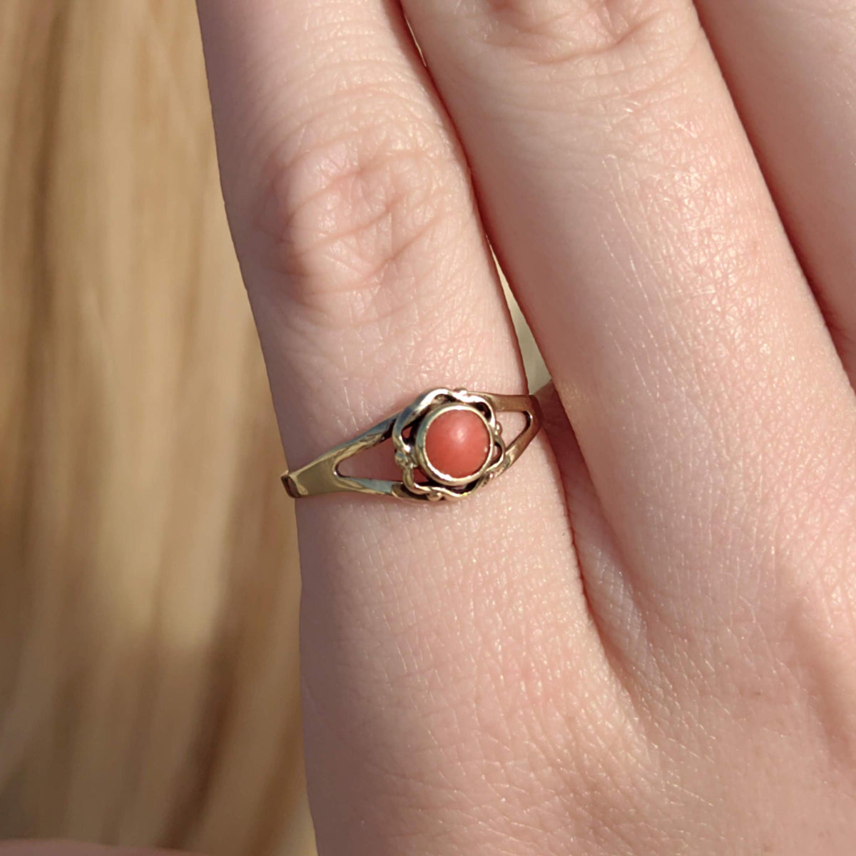 1920s Art Deco 14k Gold Mediterranean Red Coral Ring, Antique Vintage Round Coral Ring, Size 5 3/4 US, 51 EU, Free Resizing