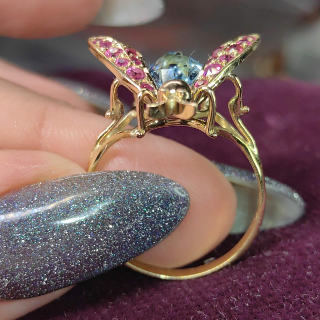 Vintage Light Blue Topaz Red  Ruby Solid 18k Yellow Gold Insect Fly Bee Statement Ring Mid Century 1950s Elegant Gift for Her  Present