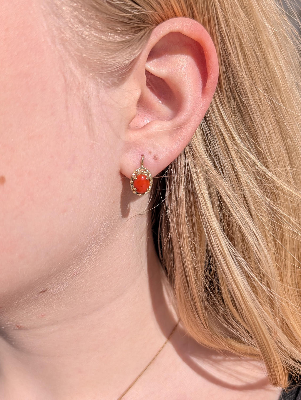 Victorian 1900s 14k Yellow Gold Coral Sleeper Earrings, Antique Oval Red Coral Lever Back Earrings, 9x15mm Art Nouveau US Duty Free HTS 9706