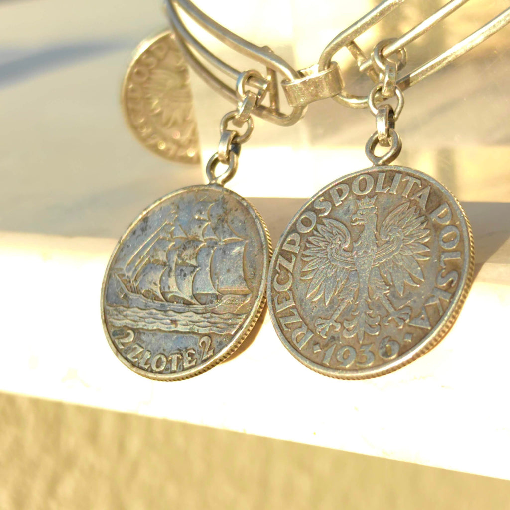 Vintage Sterling Silver Polish Ship Coin Charm Bracelet: Nautical Jewelry