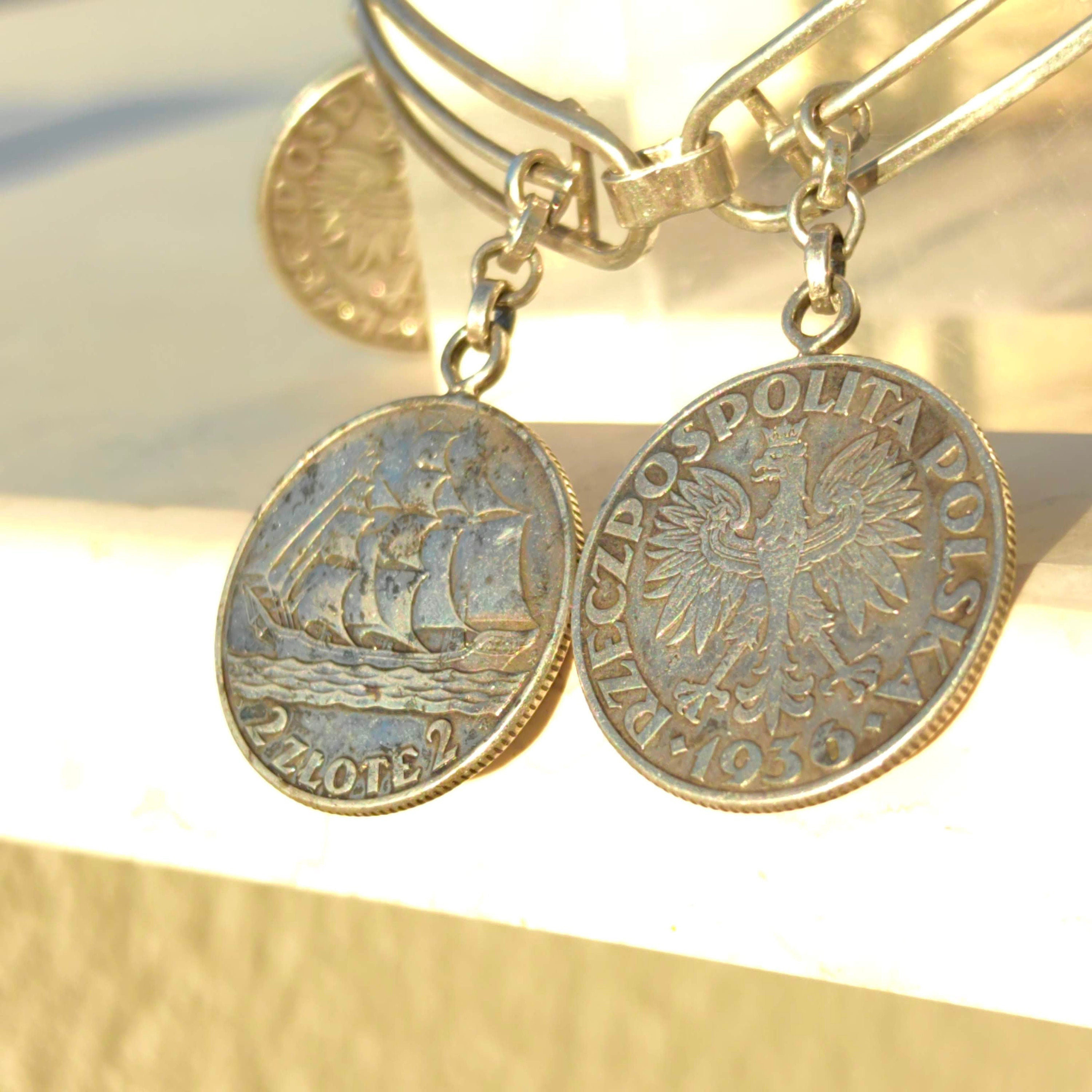 Vintage Sterling Silver Polish Ship Coin Charm Bracelet: Nautical Jewelry