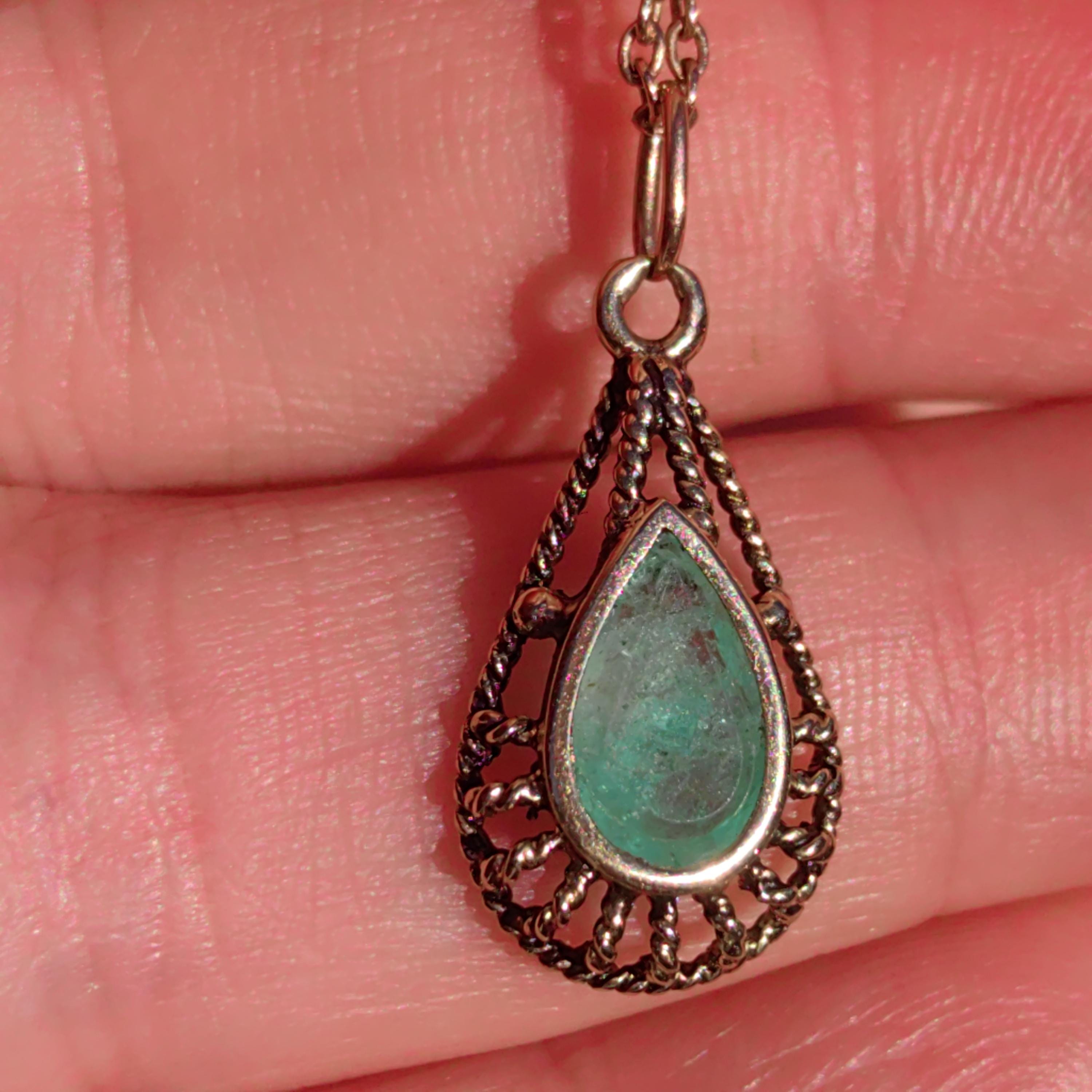 Art Deco Emerald Pendant: 14k Yellow Gold Filigree, Hand-Chiseled Floral Charm