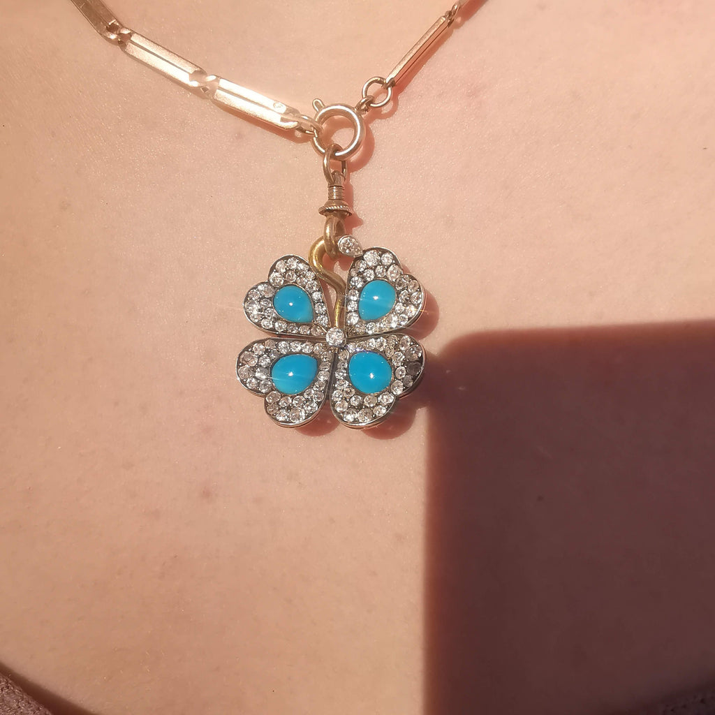 Art Nouveau 18K Gold Turquoise Diamond Pendant Necklace, Antique 1900s Four Leaf Floral Charm, Old European Cut Jewelry