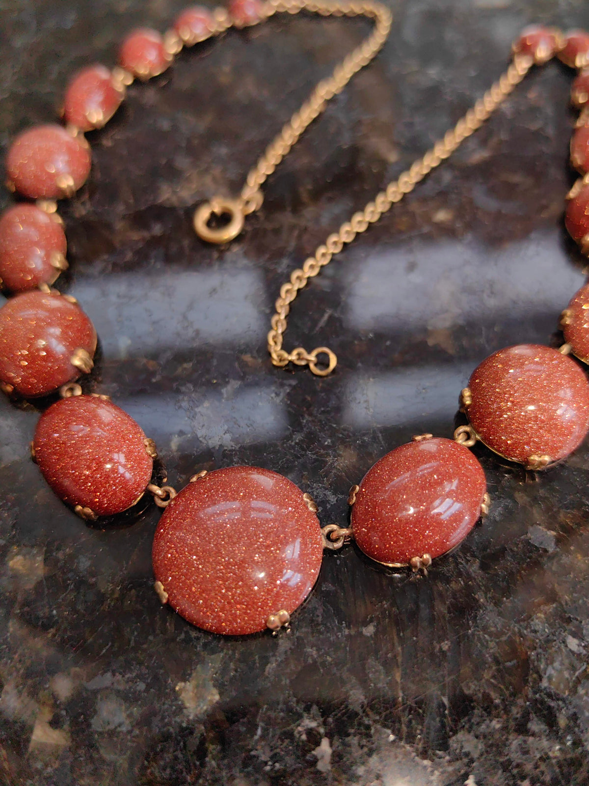 Victorian Goldstone Necklace: 19K Solid Yellow Gold, Antique 1870s