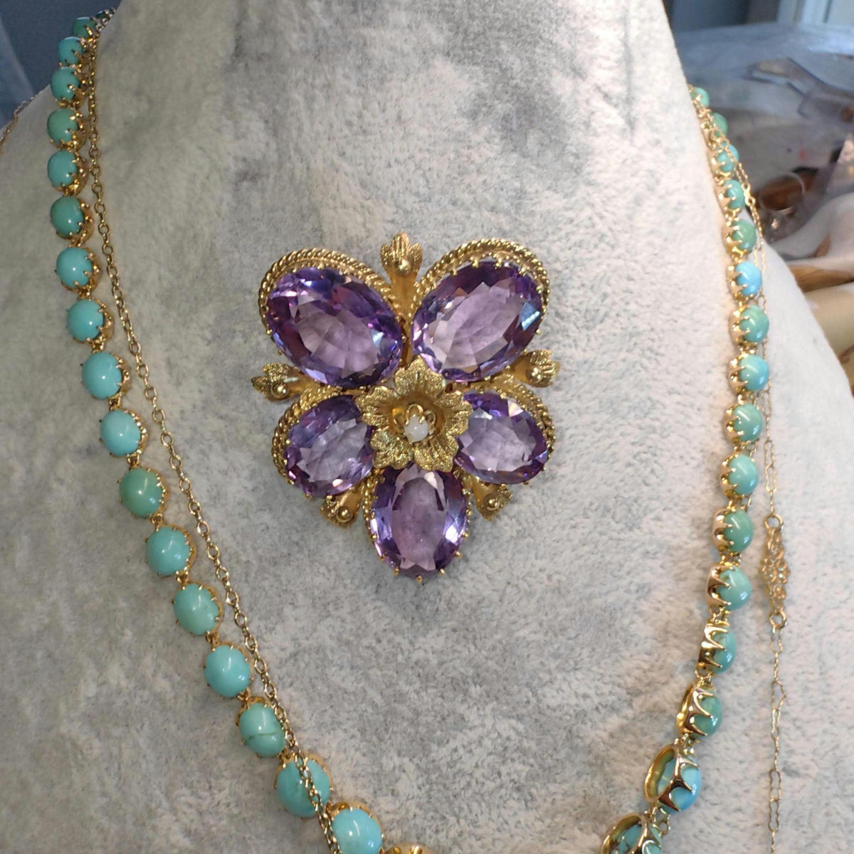 Victorian Amethyst Pearl Floral Pendant Brooch, Gold Plated Silver (1880s)