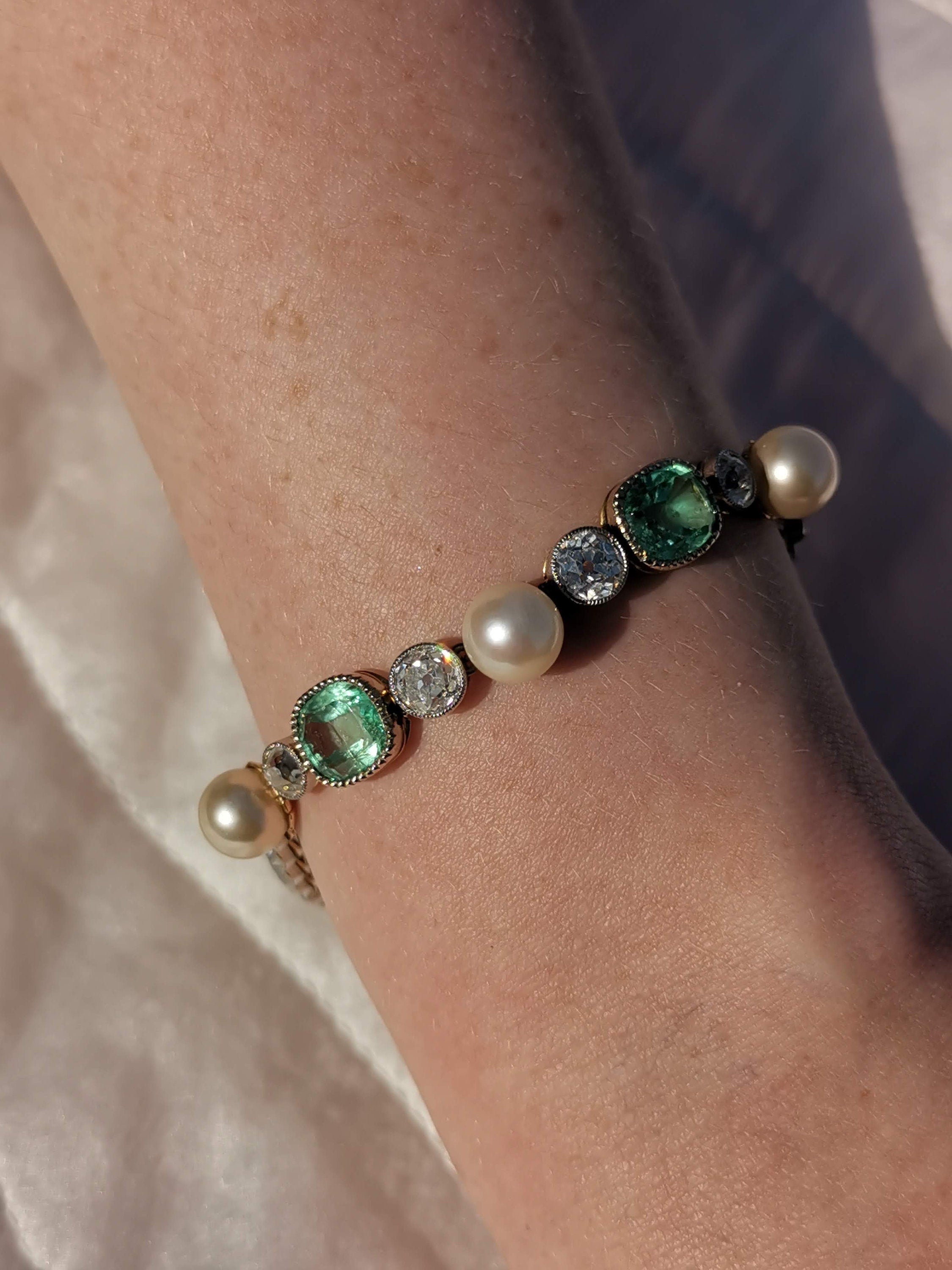 Victorian 18k Gold Bracelet: Antique Diamond, Emerald & Pearl Art Nouveau Jewelry