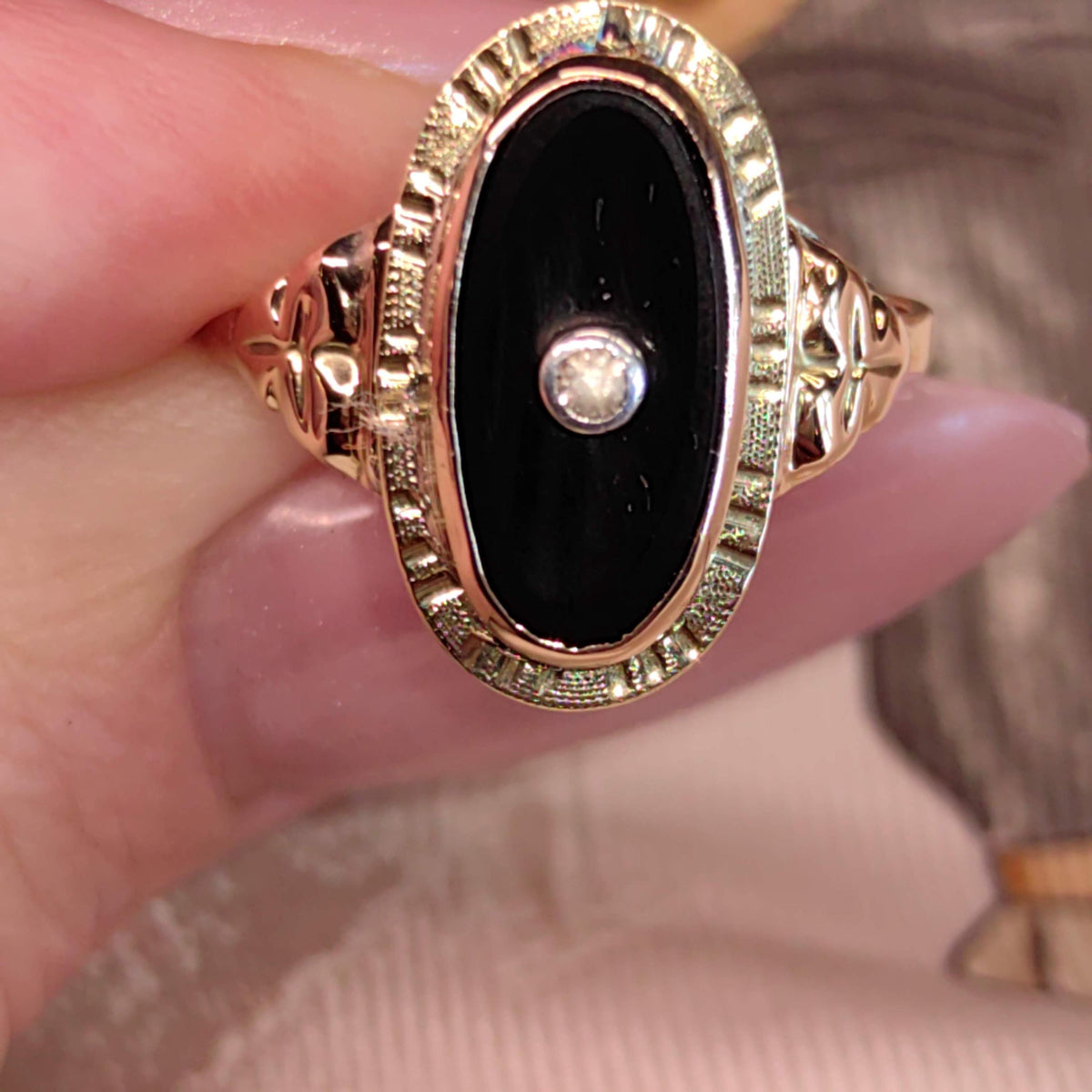 Art Deco 1920s Onyx Diamond Ring 14k Solid Yellow Gold Old European Cut Antique Black Onyx Statement Vintage Ring Gift for Her Estate Jewels